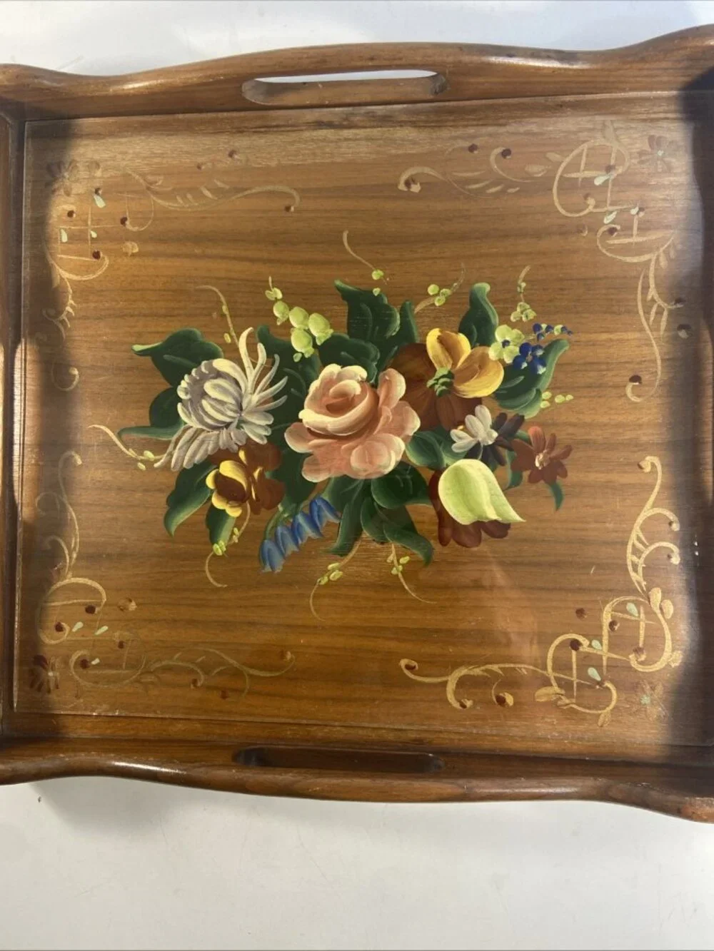 Vintage Wooden Serving Tray 12.5 x 13.75 Hand Painted Floral Scalloped Edges